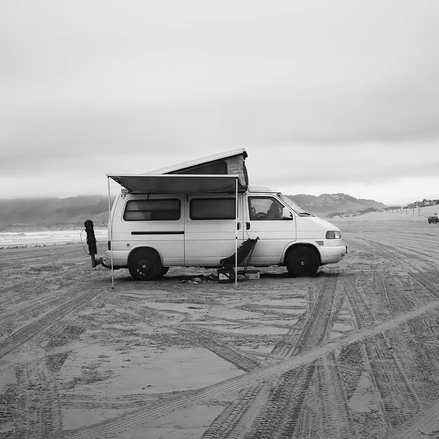 Campervan parked on sandy beach ready for exterior cleaning, Tasman Autowash car wash and detailing